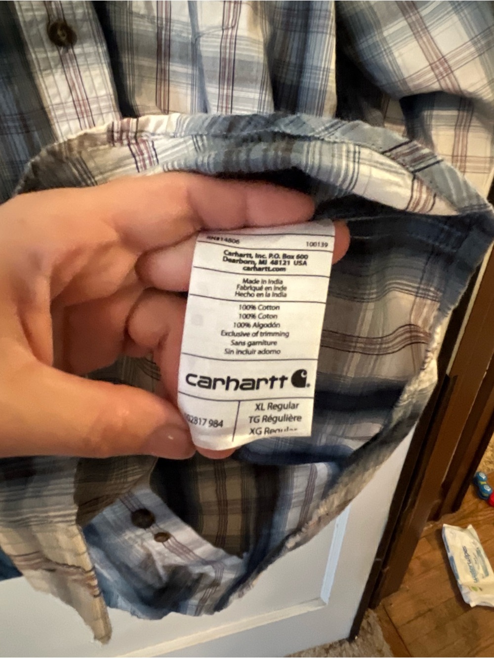 XL Carhartt Men's Blue, White and Brown Plaid Button-Down Shirt - Picture 4 of 6